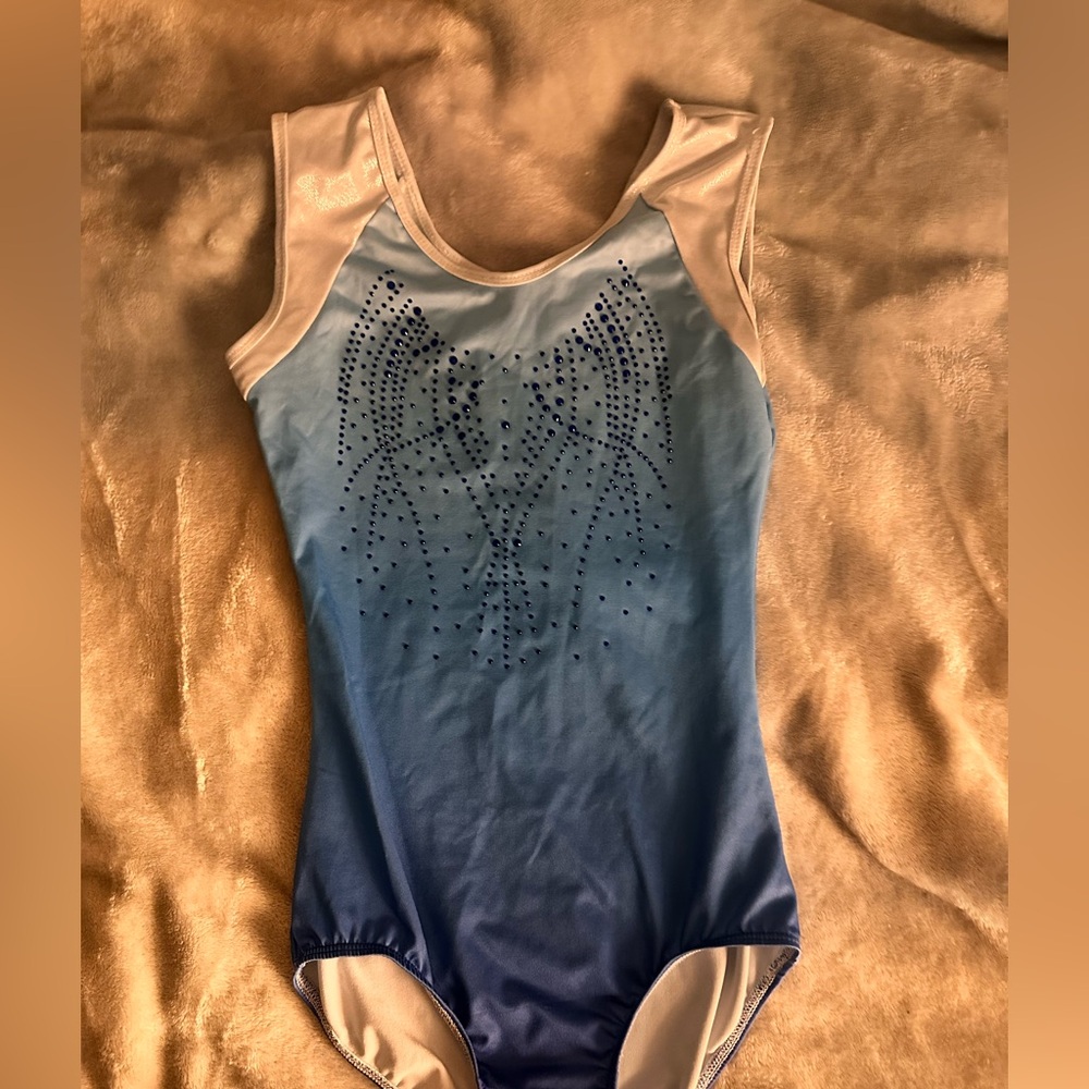 Blue and white gymnastics leotard